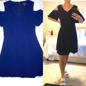Sharagano Flowy Knee Length Dress Elegant Navy Blue Open Shoulder Dress